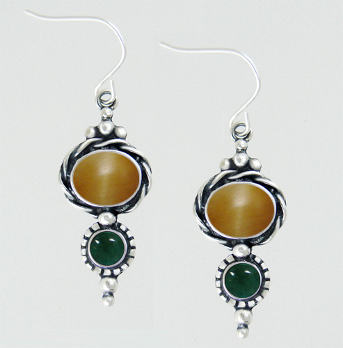 Sterling Silver Drop Dangle Earrings With Cat's Eye And Fluorite